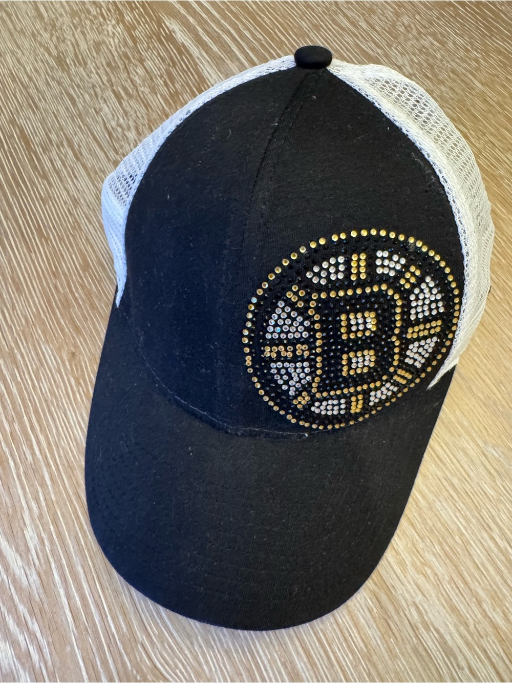 NHL Black and White Trucker Hat with Gold and Silver Rhinestone Logo